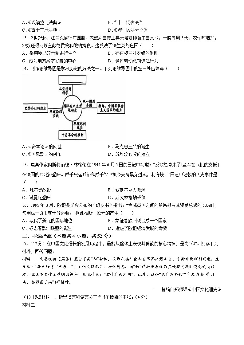 2024年湖南省中考历史试题(无答案)03