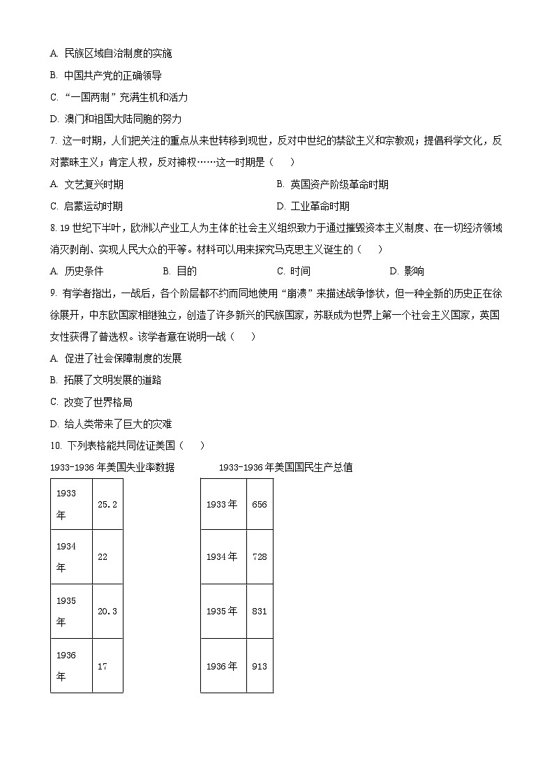 2024年河北省邯郸市育华中学九年级中考五模文综试题-初中历史（原卷版+解析版）03