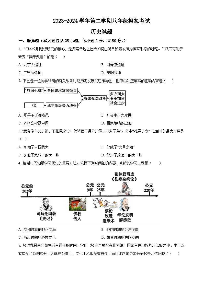 2024年山东东营市（五四学制）中考一模历史试题（原卷版+解析版）第1页