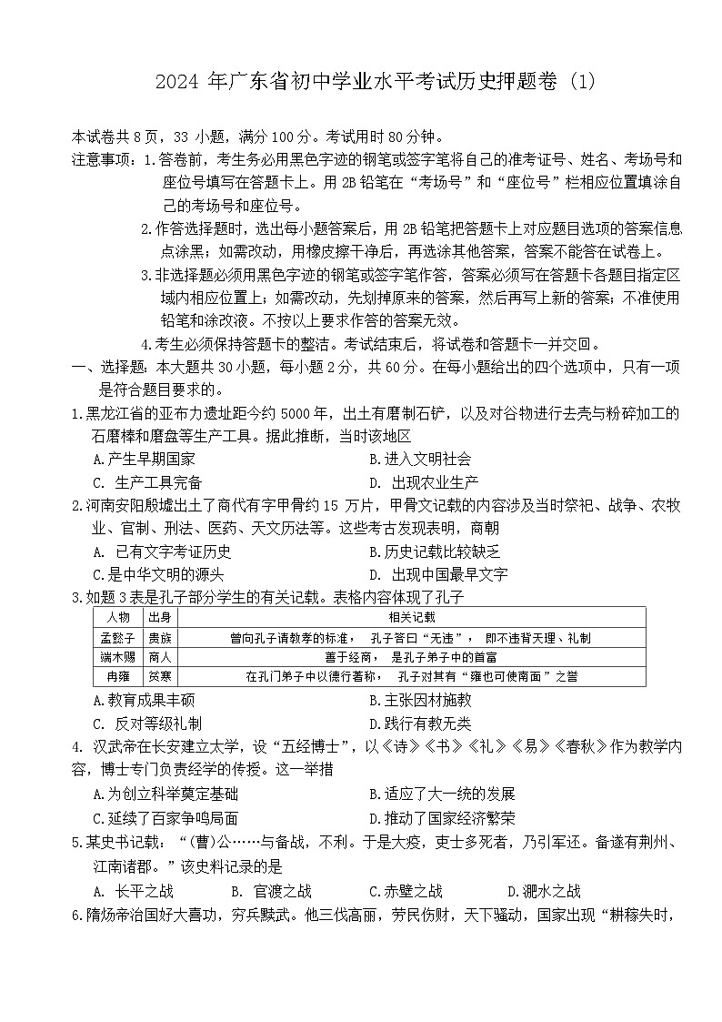 2024年广东省初中学业水平考试历史预测卷+(1)01