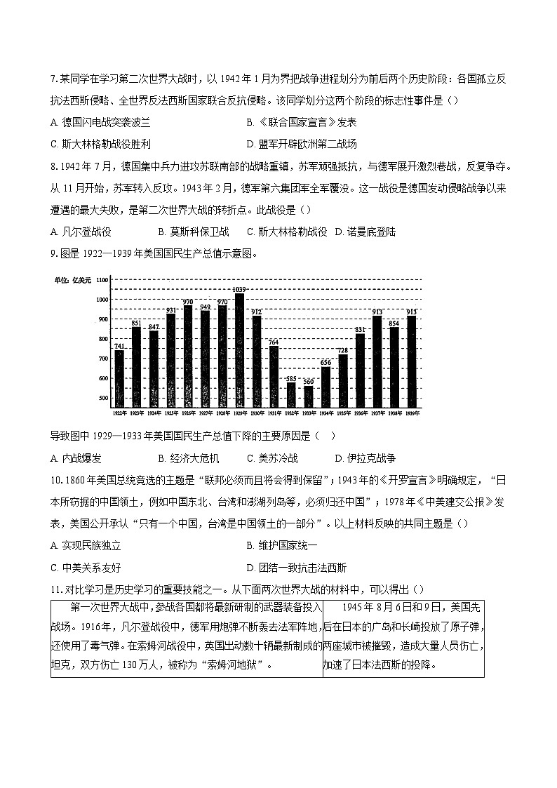 2024年中考历史百题挑选过关练-经济大危机和第二次世界大战（解析版）02
