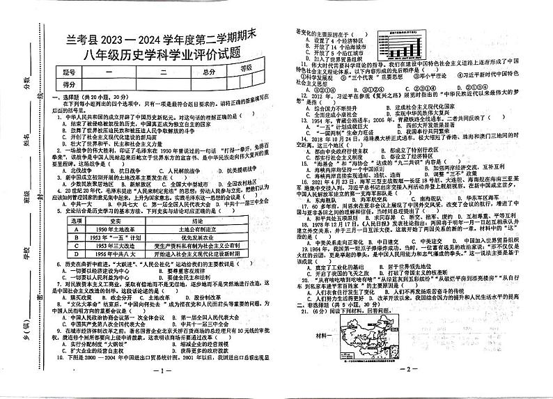 河南省开封市兰考县2023-2024学年八年级下学期6月期末历史试卷01