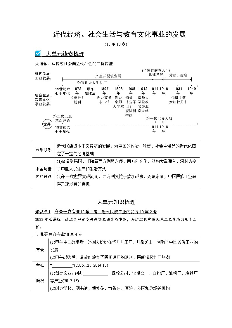 2024年广东省中考 历史总复习 专题训练学案15　近代经济、社会生活与教育文化事业的发展（含答案）第1页