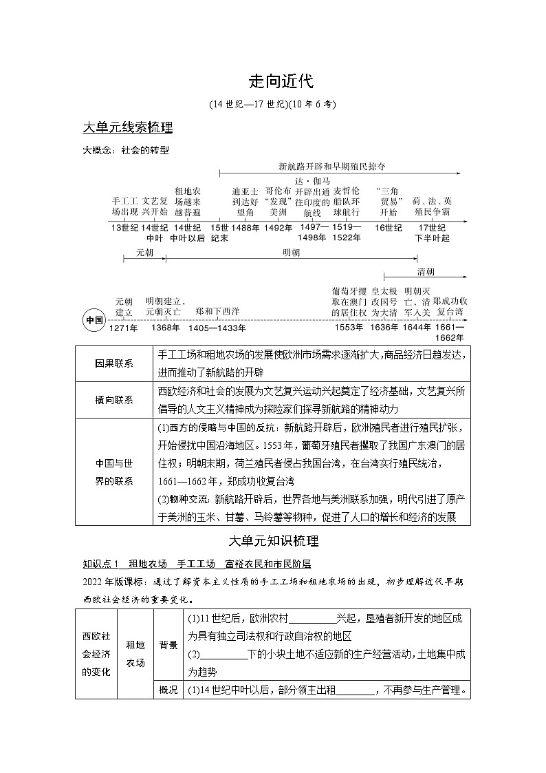 2024年广东省中考 历史总复习 专题训练学案24　走向近代（含答案）01