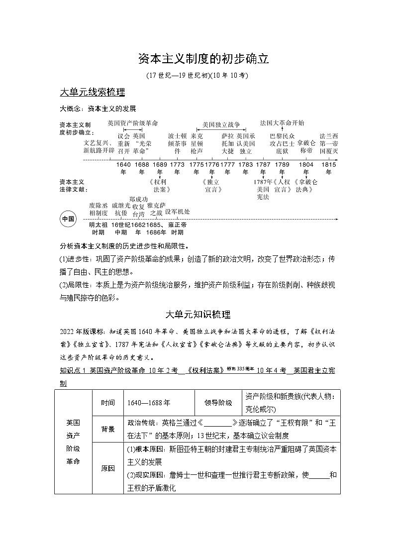 2024年广东省中考 历史总复习 专题训练学案25　资本主义制度的初步确立（含答案）第1页