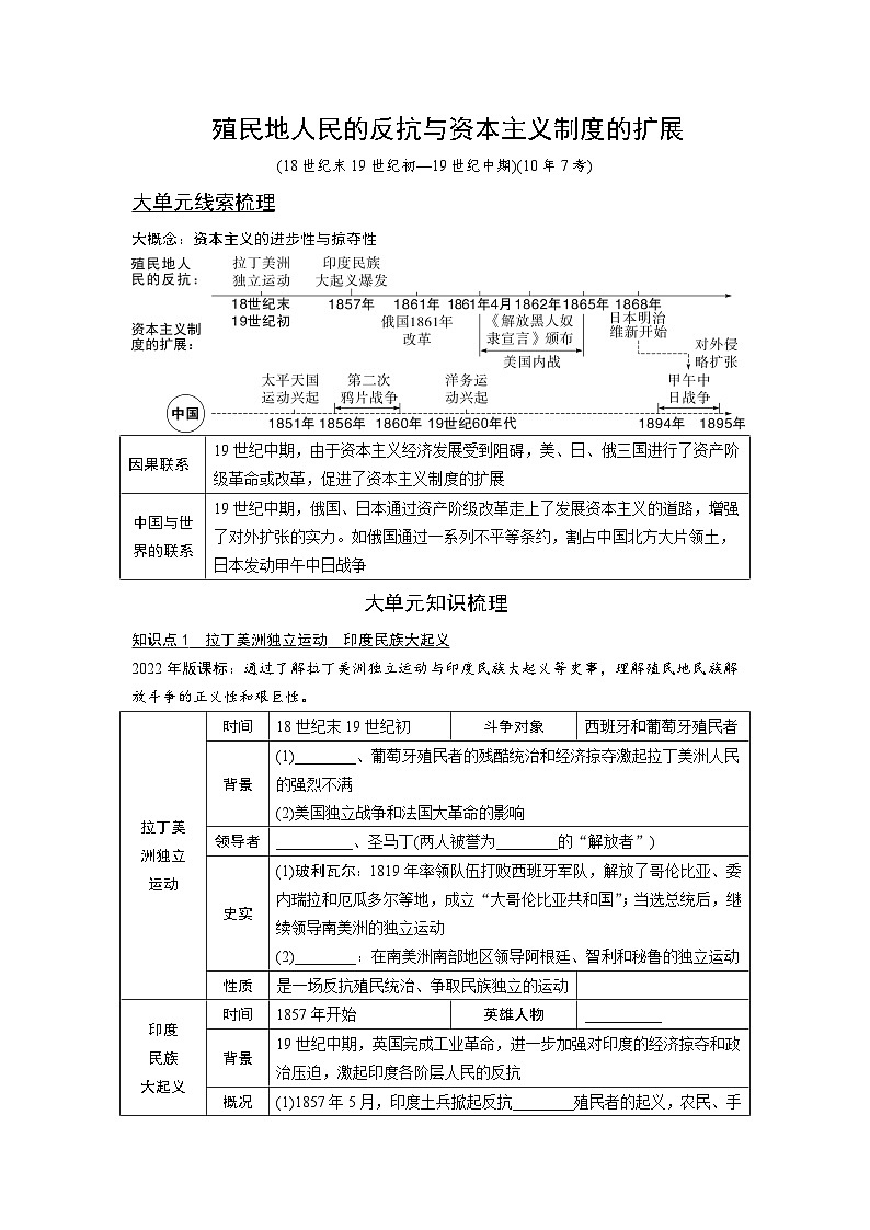 2024年广东省中考 历史总复习 专题训练学案27　殖民地人民的反抗与资本主义制度的扩展（含答案）第1页