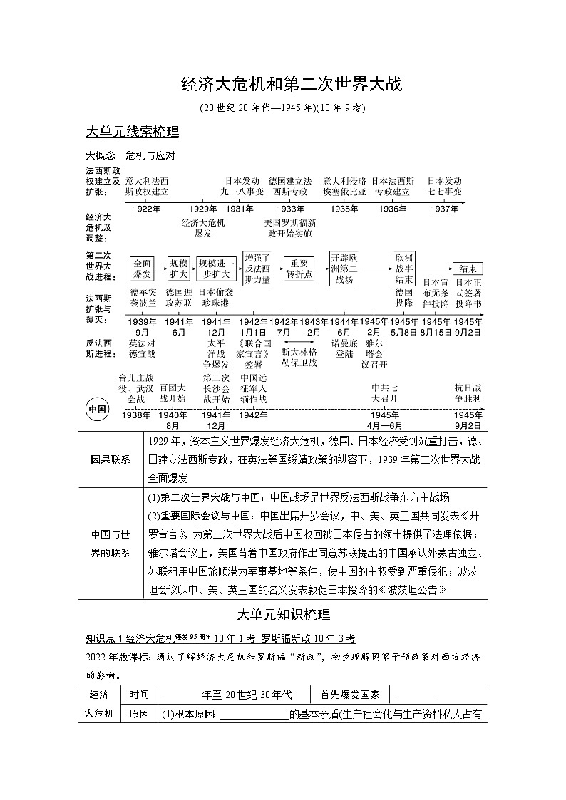 2024年广东省中考 历史总复习 专题训练学案30　经济大危机和第二次世界大战（含答案）第1页
