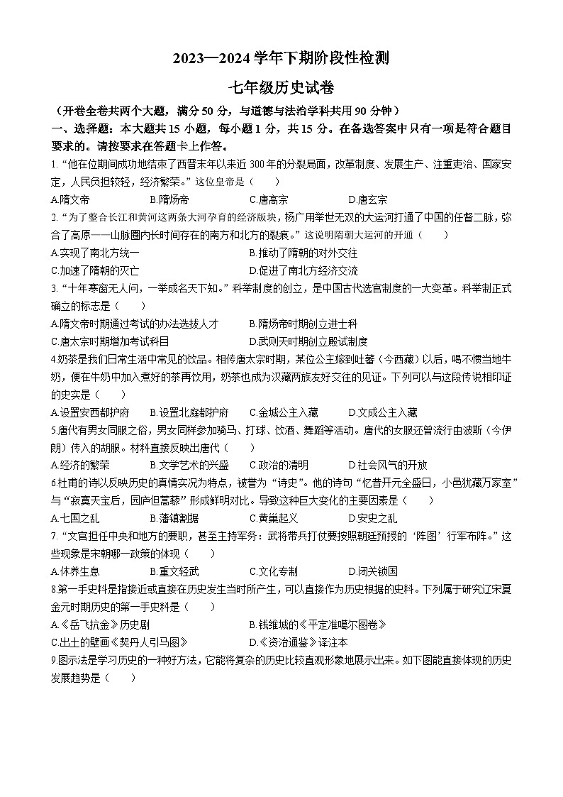 重庆市巴南区2023-2024学年七年级下学期6月期末历史试题(无答案)第1页