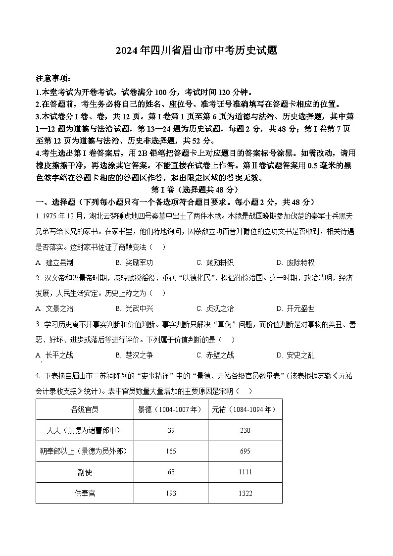 2024年中考真题—四川省眉山市文科综合试题-初中历史（原卷版）01