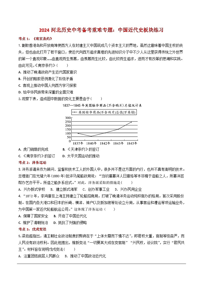 2024河北历史中考备考重难专题：中国近代史板块练习第1页