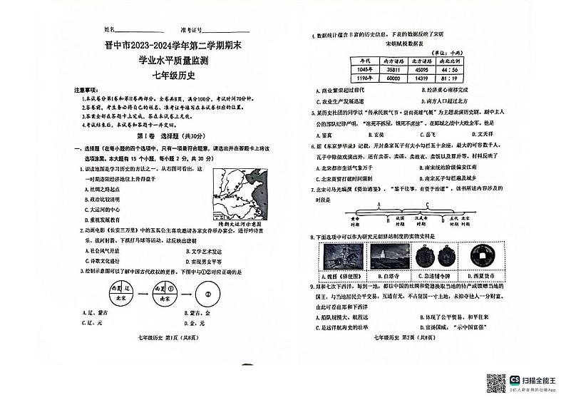 山西省晋中市2023-2024学年七年级下学期6月期末历史试题01