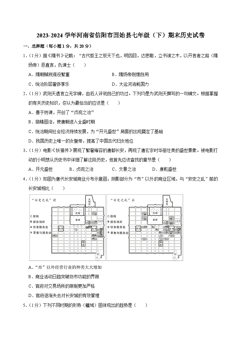河南省信阳市固始县2023-2024学年部编版七年级下学期期末历史试卷第1页