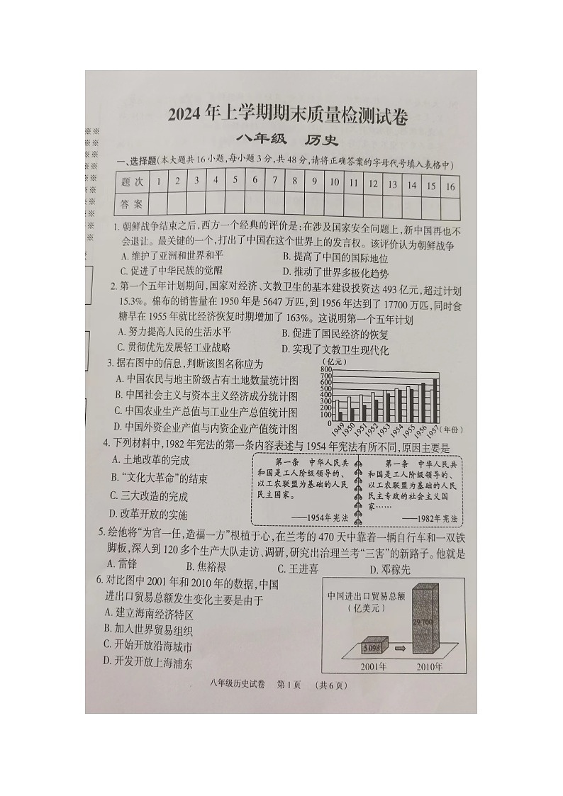 湖南省岳阳市临湘市2023-2024学年八年级下学期6月期末历史试题第1页