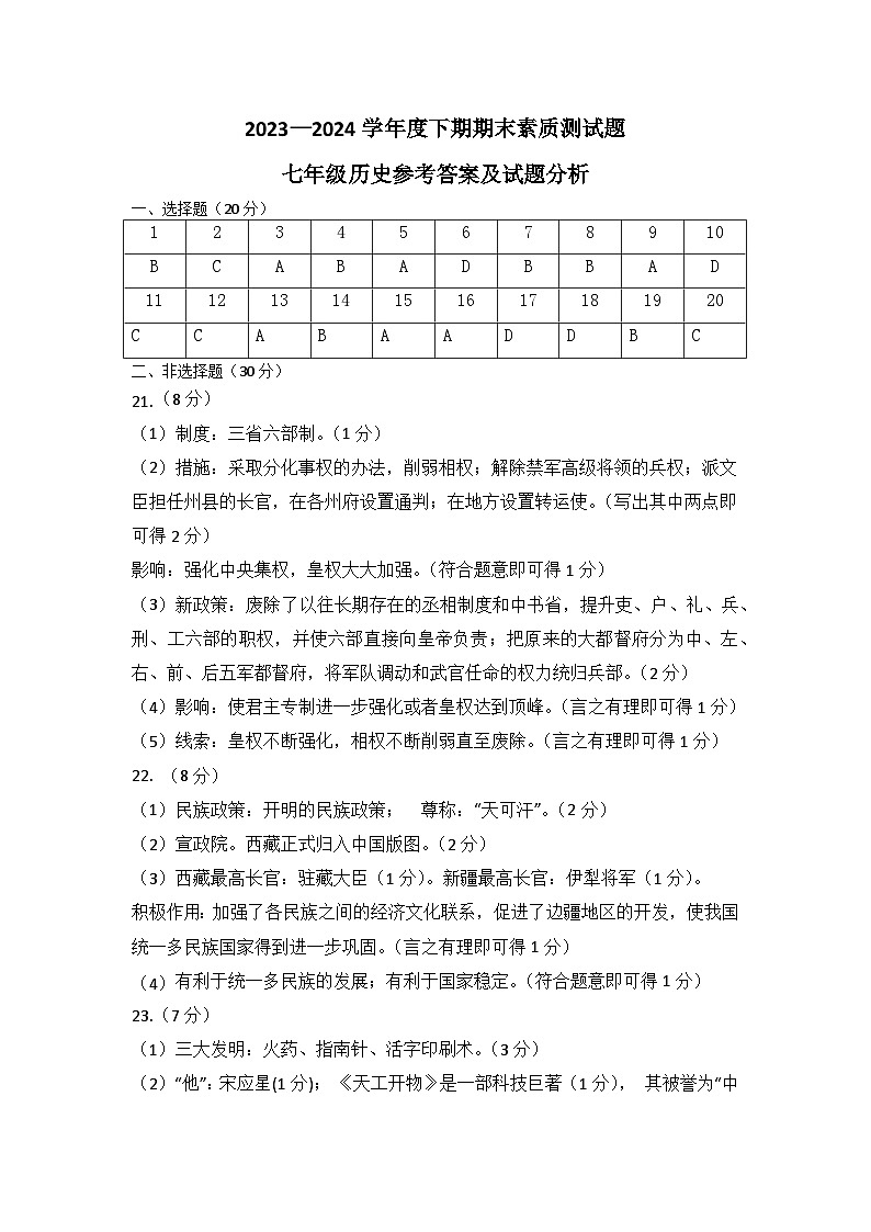 河南省驻马店市确山县2023-2024学年部编版七年级下学期期末考试历史试卷01