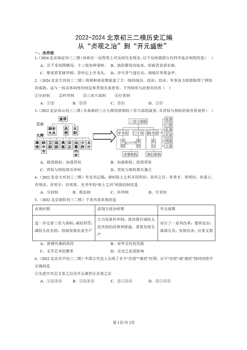 [历史][二模]2022～2024北京初三试题分类汇编：从“贞观之治”到“开元盛世”第1页