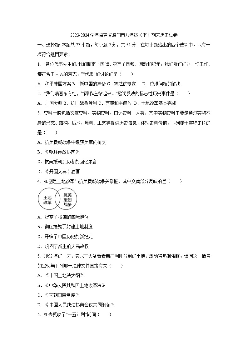 福建省厦门市2023-2024学年八年级下学期期末历史试卷01