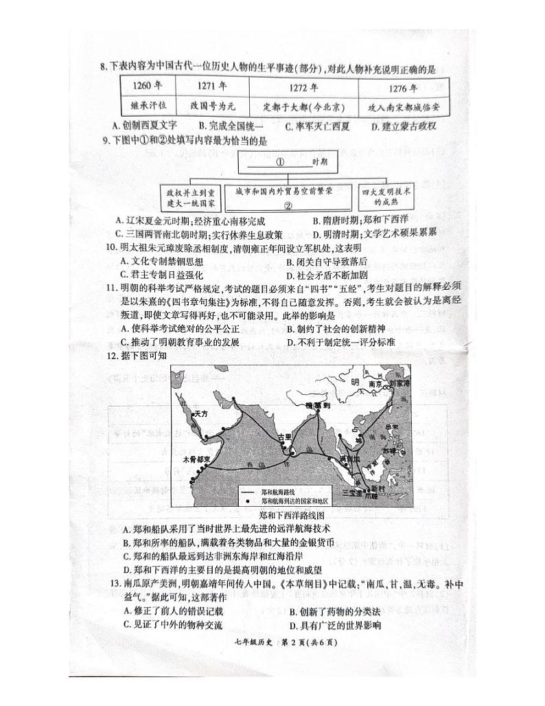河南省商丘市夏邑县2023-2024学年七年级下学期7月期末历史试题02