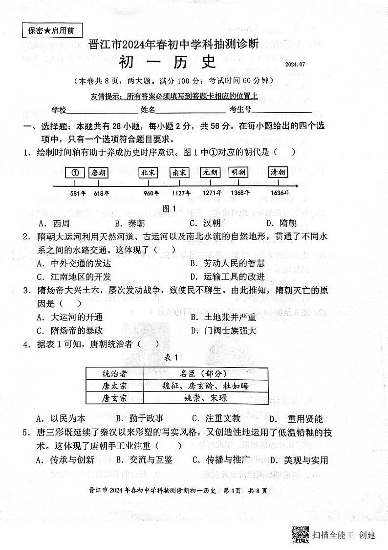 福建省泉州市晋江市2023-2024学年七年级下学期7月期末历史试题01
