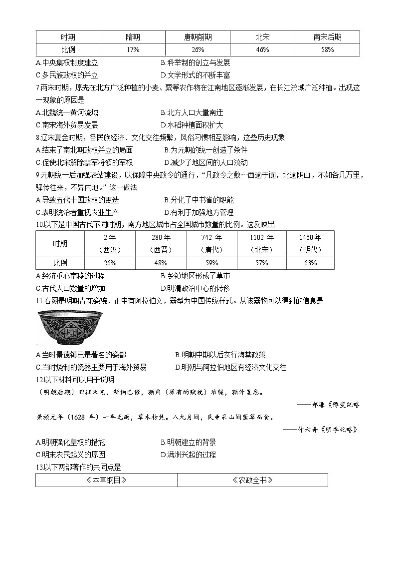 北京市朝阳区2023-2024学年部编版七年级历史下学期期末考试卷(无答案)02