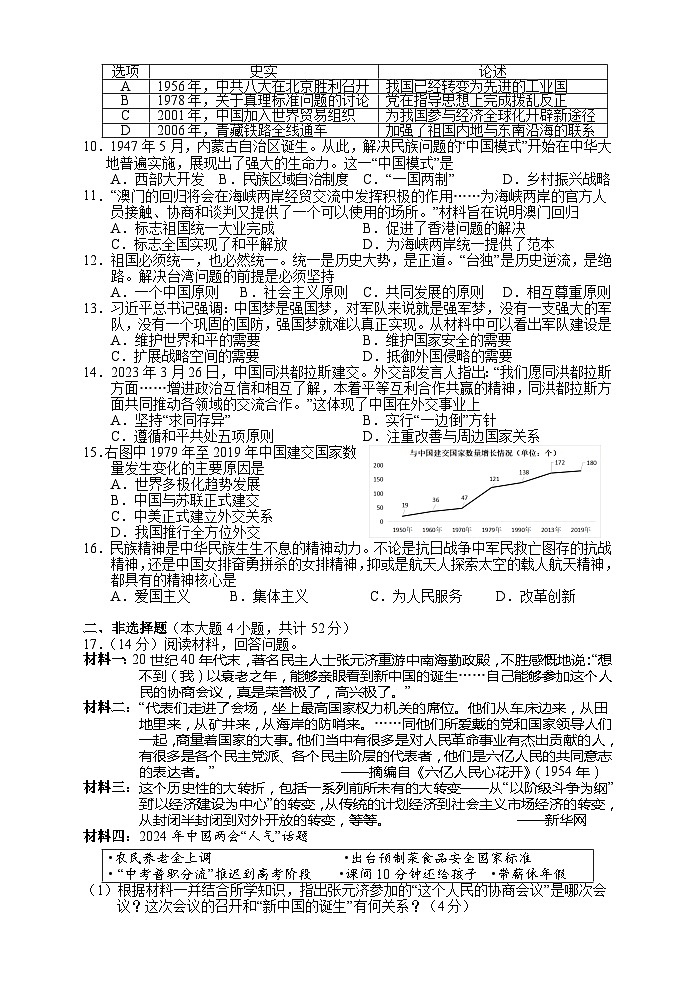 湖南省张家界市永定区2023-2024学年八年级下学期期末考试历史试题02