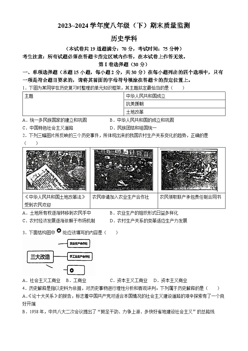 辽宁省沈阳市皇姑区2023-2024学年下学期八年级历史期末考试试卷(无答案)01