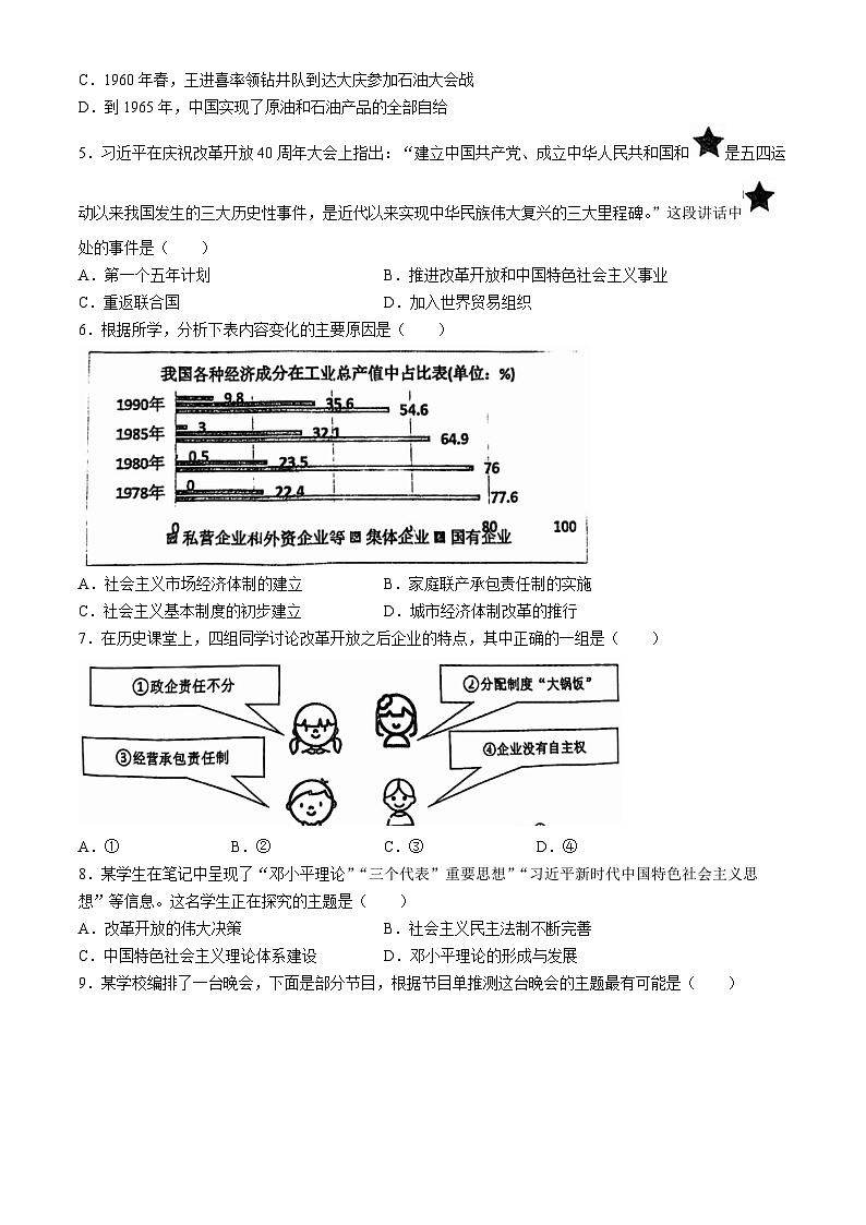 辽宁省沈阳市皇姑区2023-2024学年下学期八年级历史期末考试试卷(无答案)02