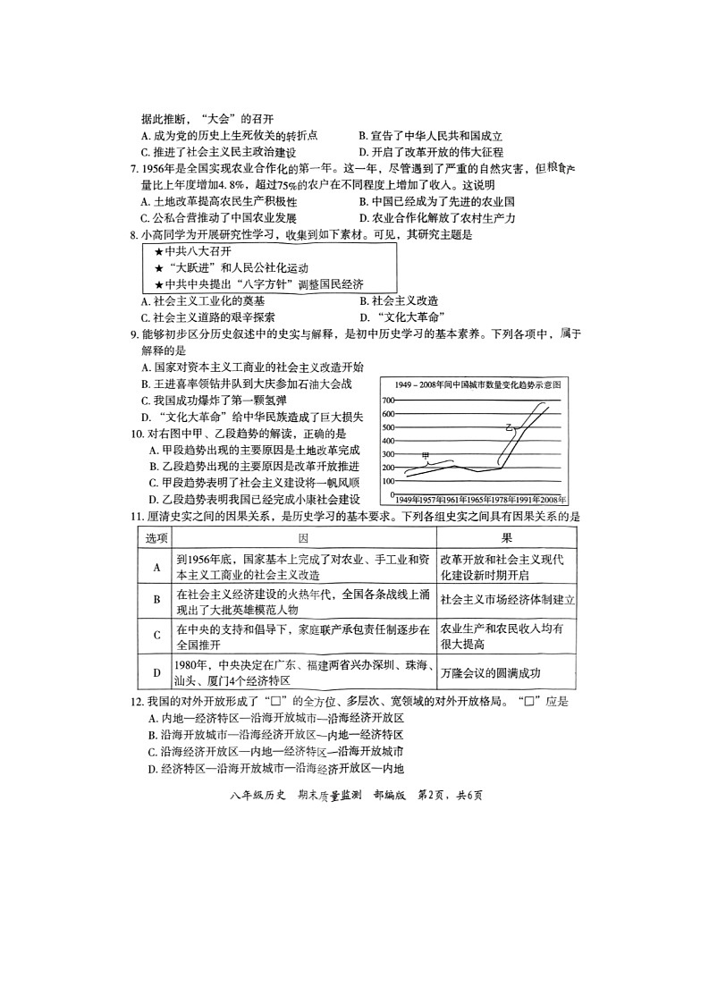河北省廊坊市霸州市2023-2024学年八年级下学期7月期末历史试题第2页