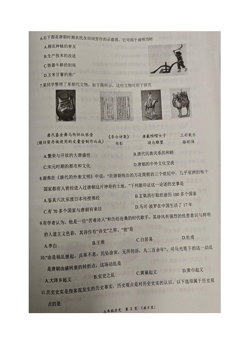 四川省成都市青白江区2023-2024学年七年级下学期期末考试历史试题02
