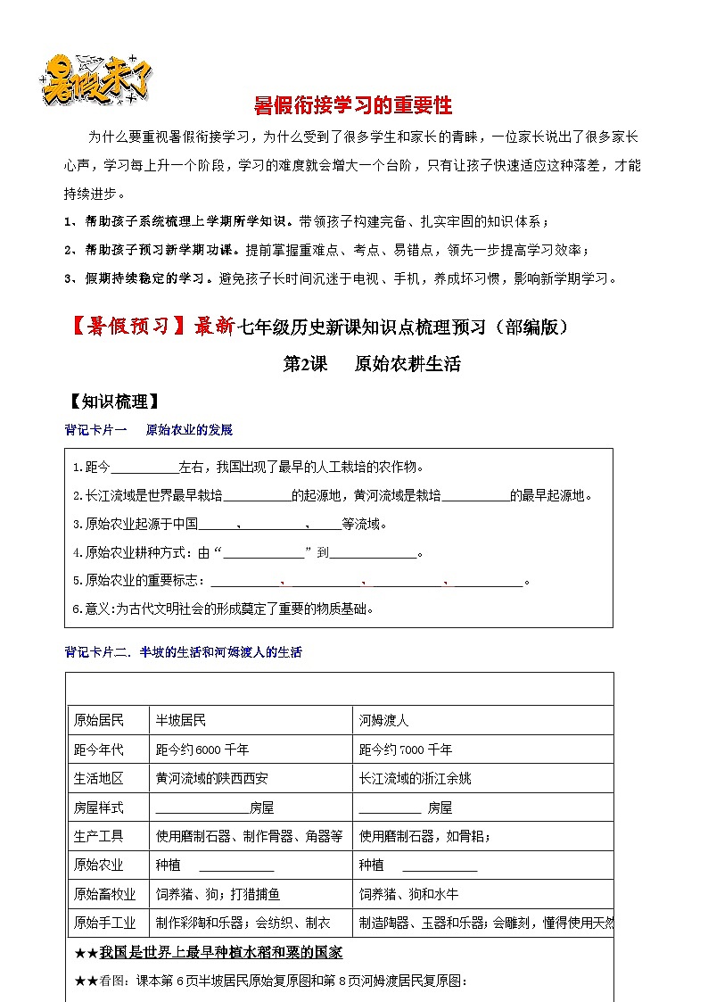 第2课 原始农耕生活-【暑假衔接】新七年级历史新课知识点梳理预习（部编版）01