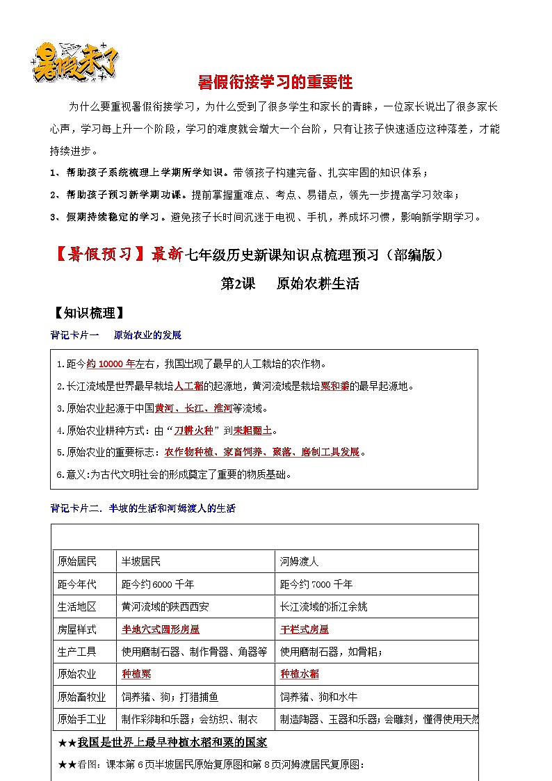 第2课 原始农耕生活-【暑假衔接】新七年级历史新课知识点梳理预习（部编版）01