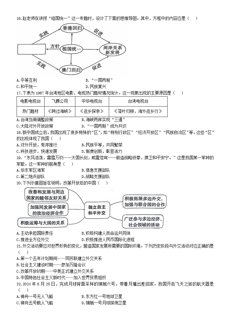 山东省聊城市高唐县2023-2024学年八年级下学期期末历史试卷(无答案)第3页