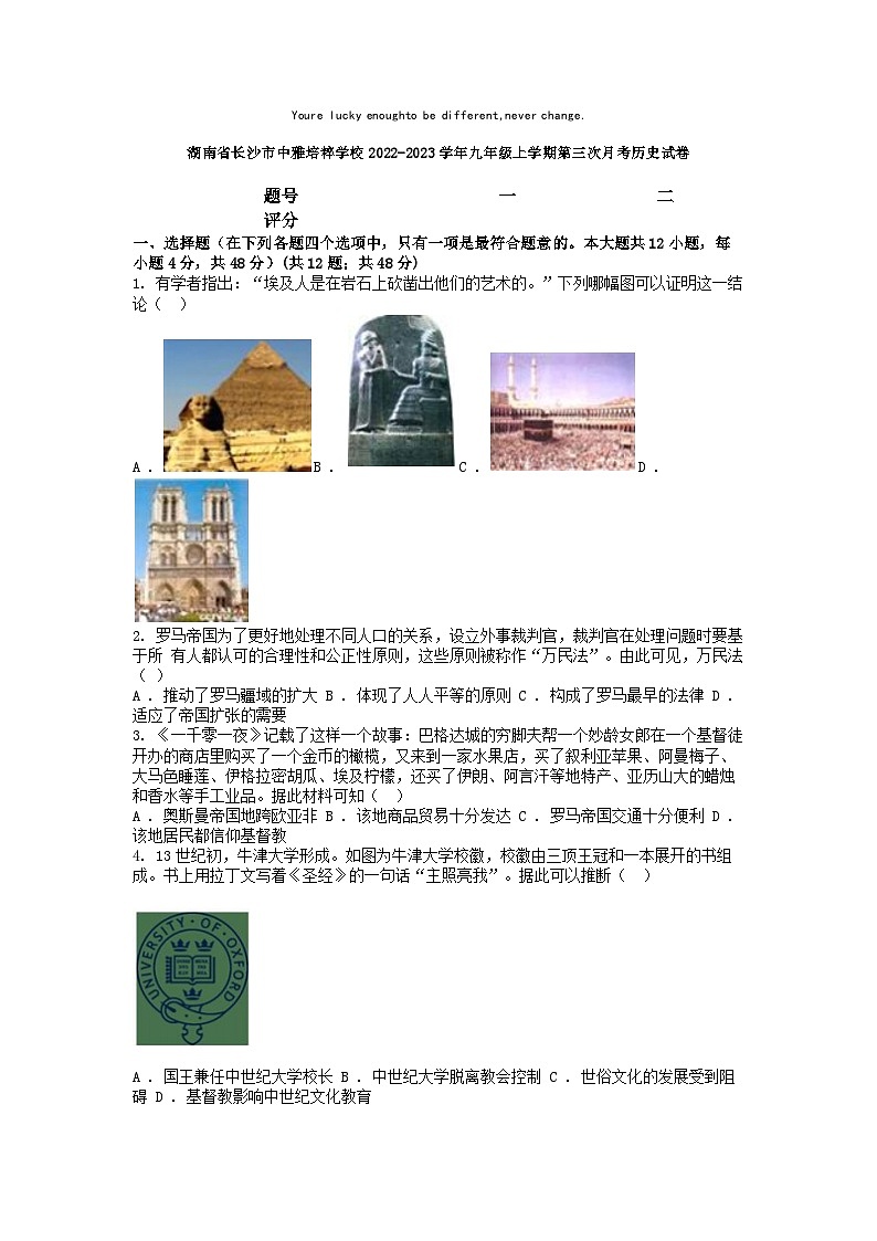 [历史]湖南省长沙市中雅培粹学校2022-2023学年九年级上学期第三次月考历史试卷01