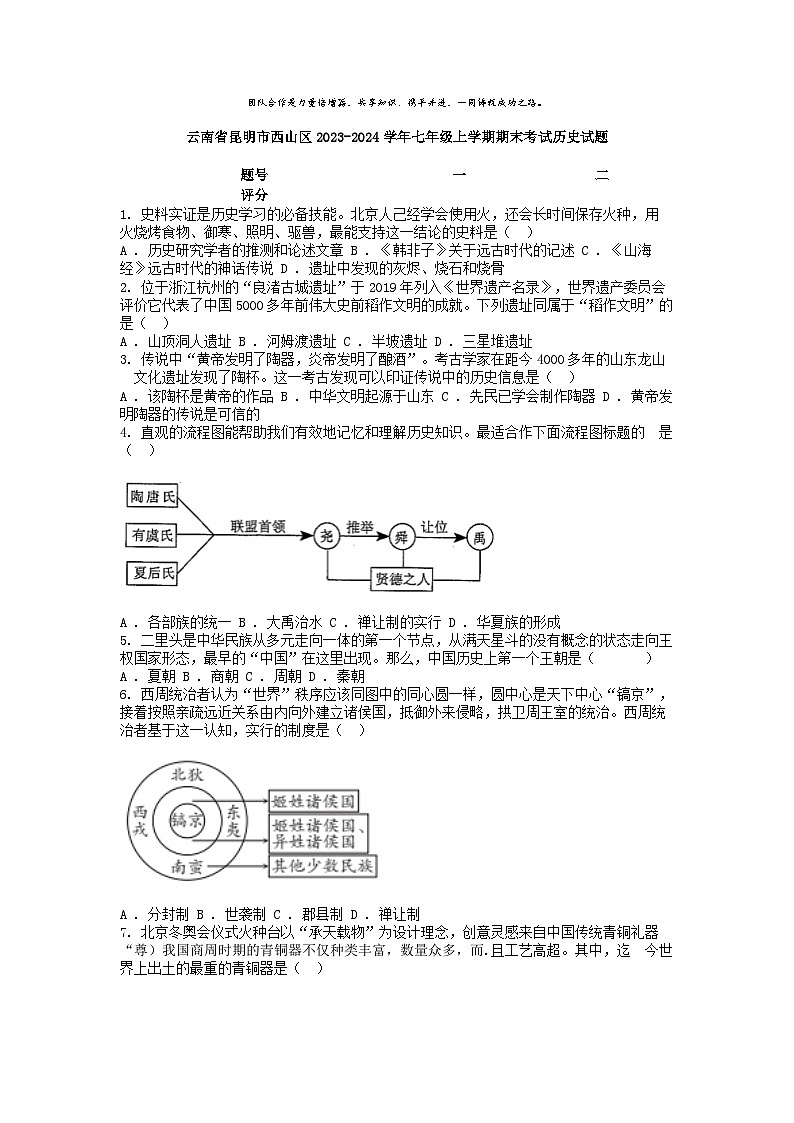 [历史][期末]云南省昆明市西山区2023-2024学年七年级上学期期末考试历史试题第1页