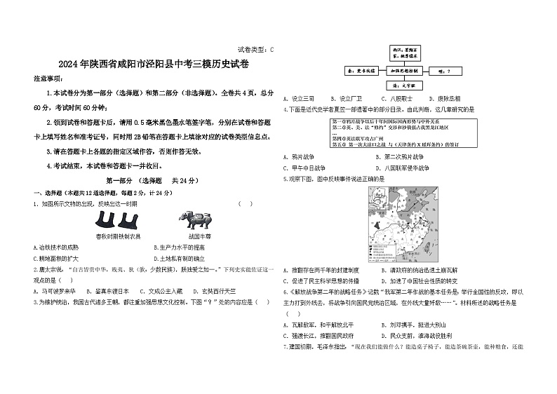 2024年陕西省咸阳市泾阳县中考三模历史试卷第1页