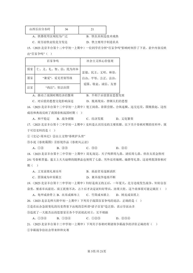 [历史][期中]2023北京重点校初一上学期期中历史试题分类汇编：夏商周时期：早期国家与社会变革章节综合第3页