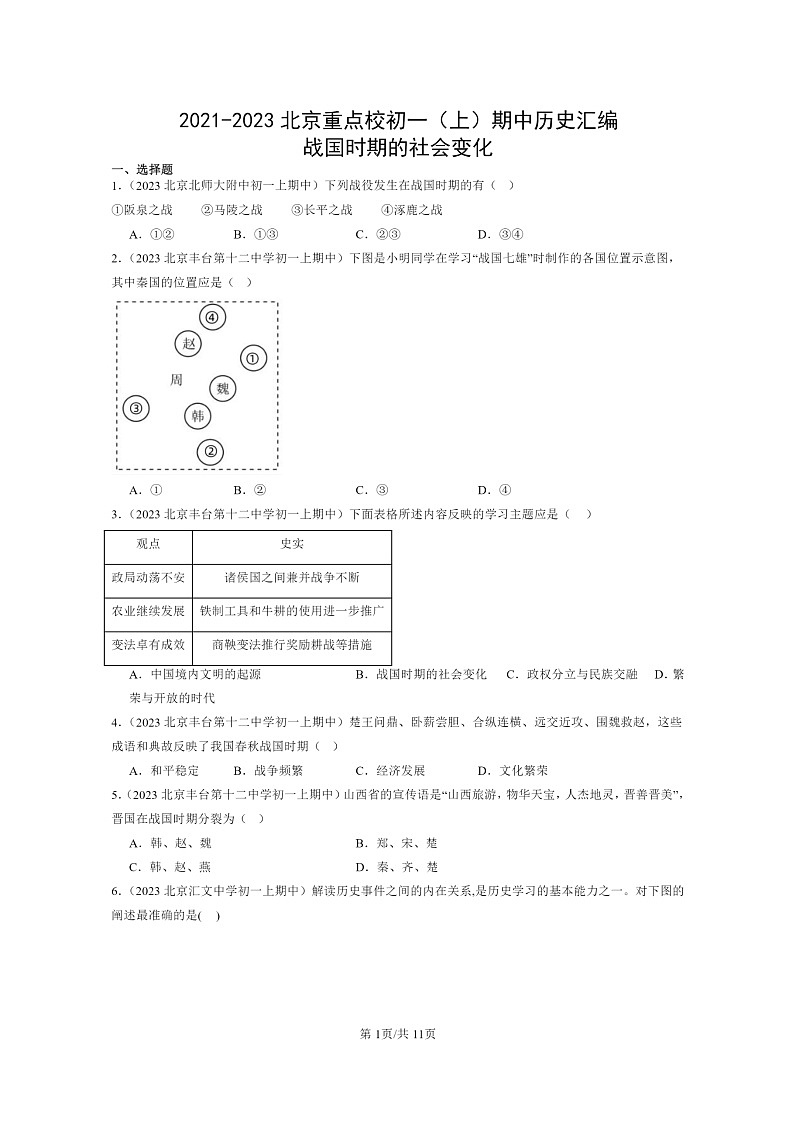 [历史][期中]2021～2023北京重点校初一上学期期中历史试题分类汇编：战国时期的社会变化第1页