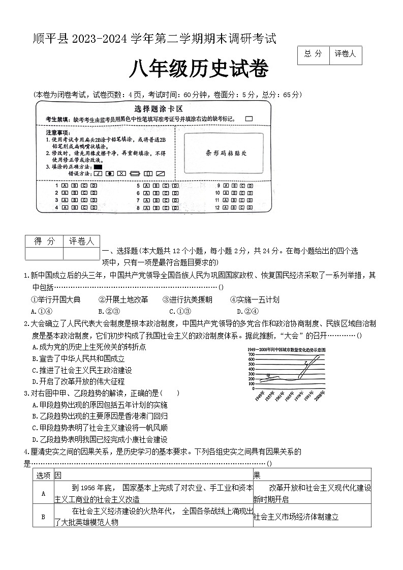 河北省保定市顺平县2023-2024学年部编版八年级下学期期末历史试题第1页