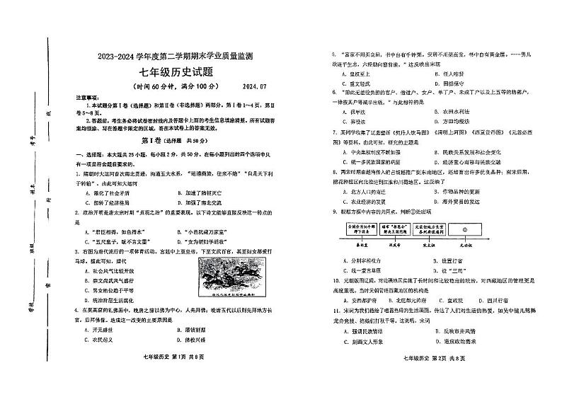 山东省潍坊市昌邑市2023-2024学年下学期七年级历史期末试卷第1页
