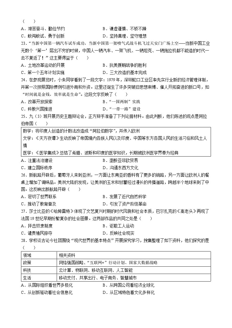 2024年湖北省武汉市中考历史真题(无答案)03