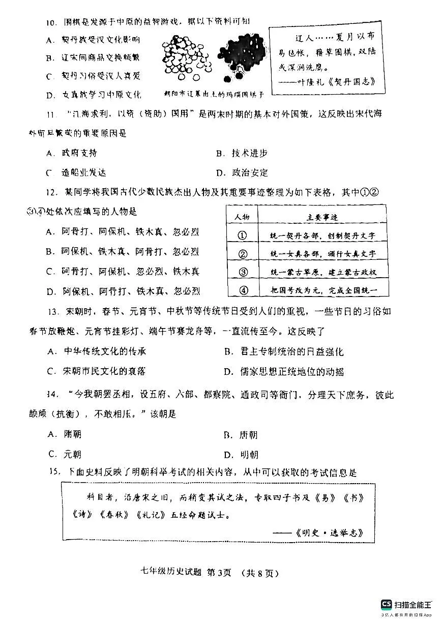 山东省济宁邹城市2023-2024学年七年级下学期期末历史试题第3页