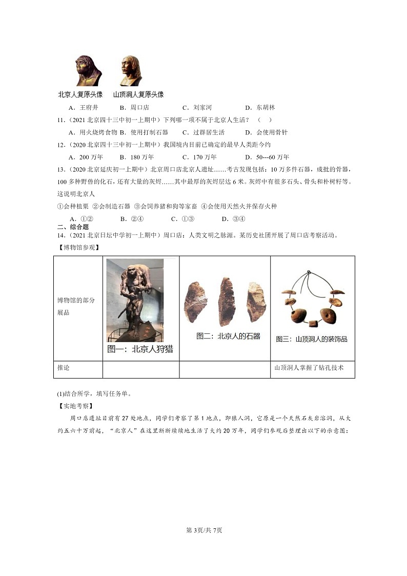 [历史][期中]2020～2022北京重点校初一上学期期中历史试题分类汇编：中国早期人类的代表——北京人03