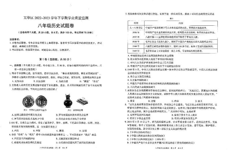 云南省昆明市五华区2022-2023学年八年级下学期期末历史试卷01