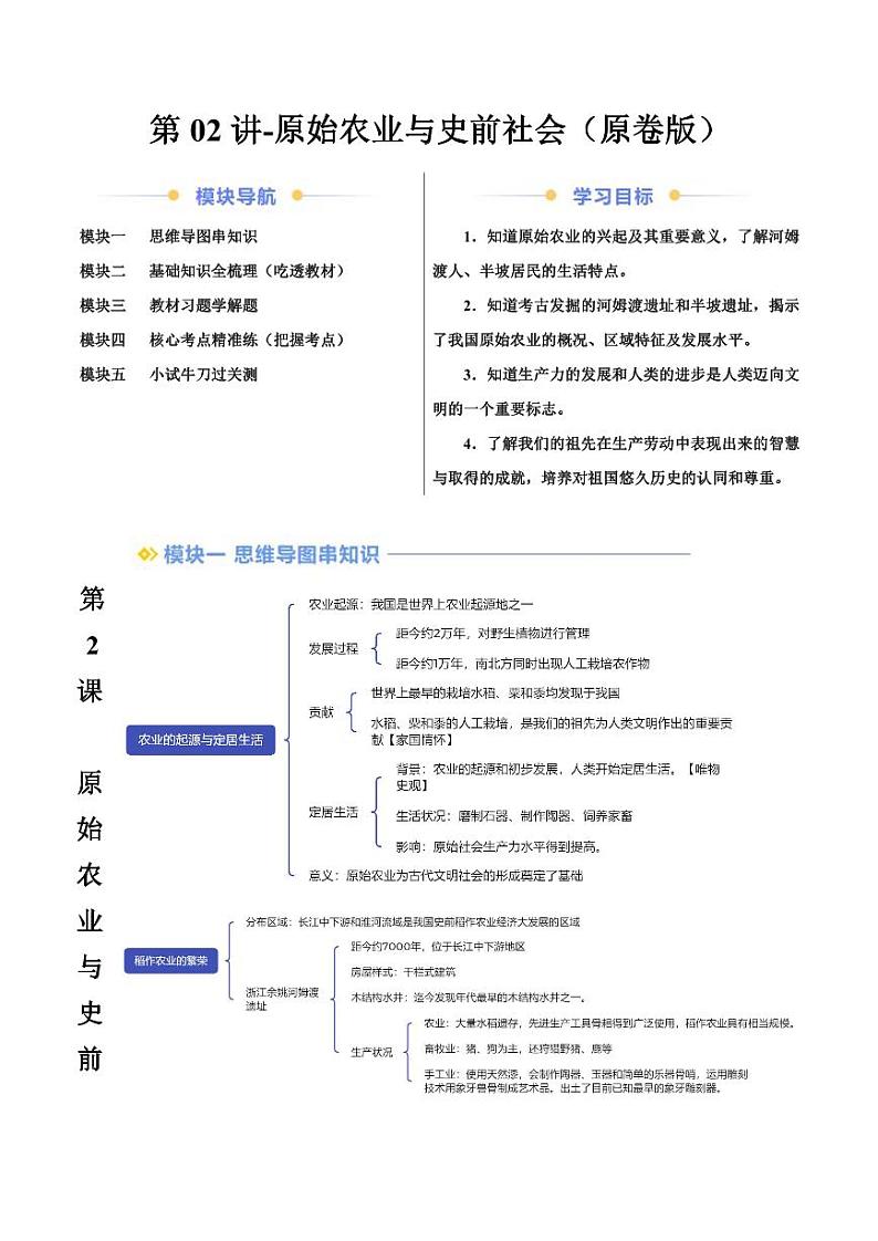 2024年部编版七年级历史暑假自学-第02讲-原始农业与史前社会【学案讲义】第1页