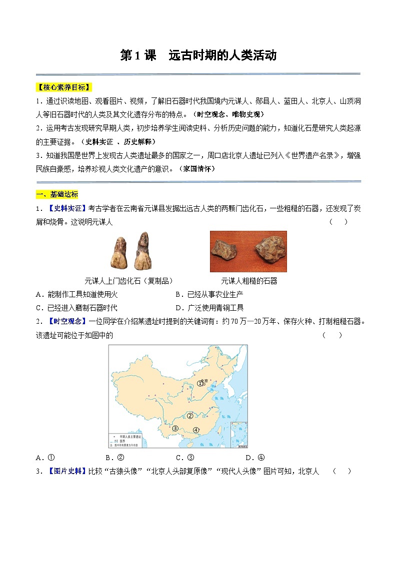 2024新版人教版七年级上册历史 第1课 远古时期的人类活动 课件+同步练习+视频素材01