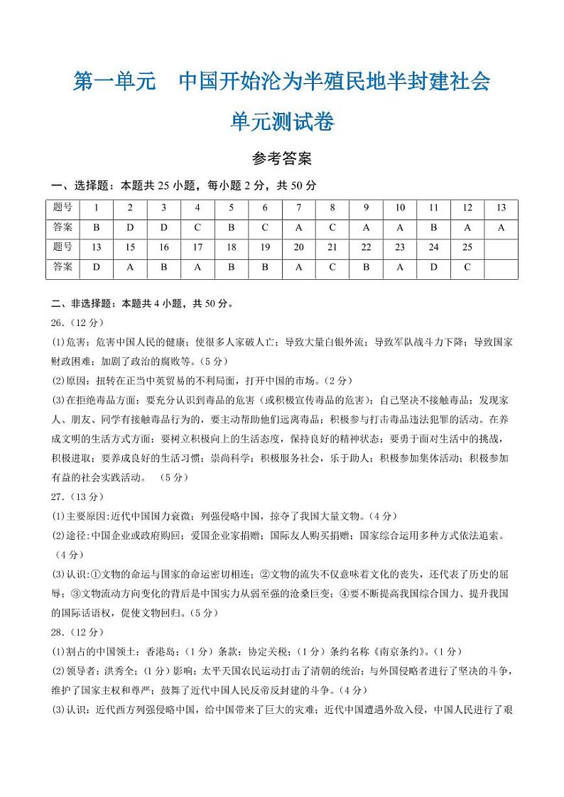 第一单元  中国开始沦为半殖民地半封建社会（单元测试卷）（参考答案）2024-2025学年八年级历史上册同步课堂（统编版）第1页