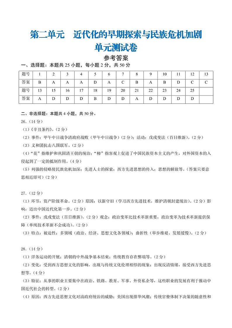 第二单元  近代化的早期探索与民族危机加剧（单元测试卷）（参考答案）2024-2025学年八年级历史上册同步课堂（统编版）第1页