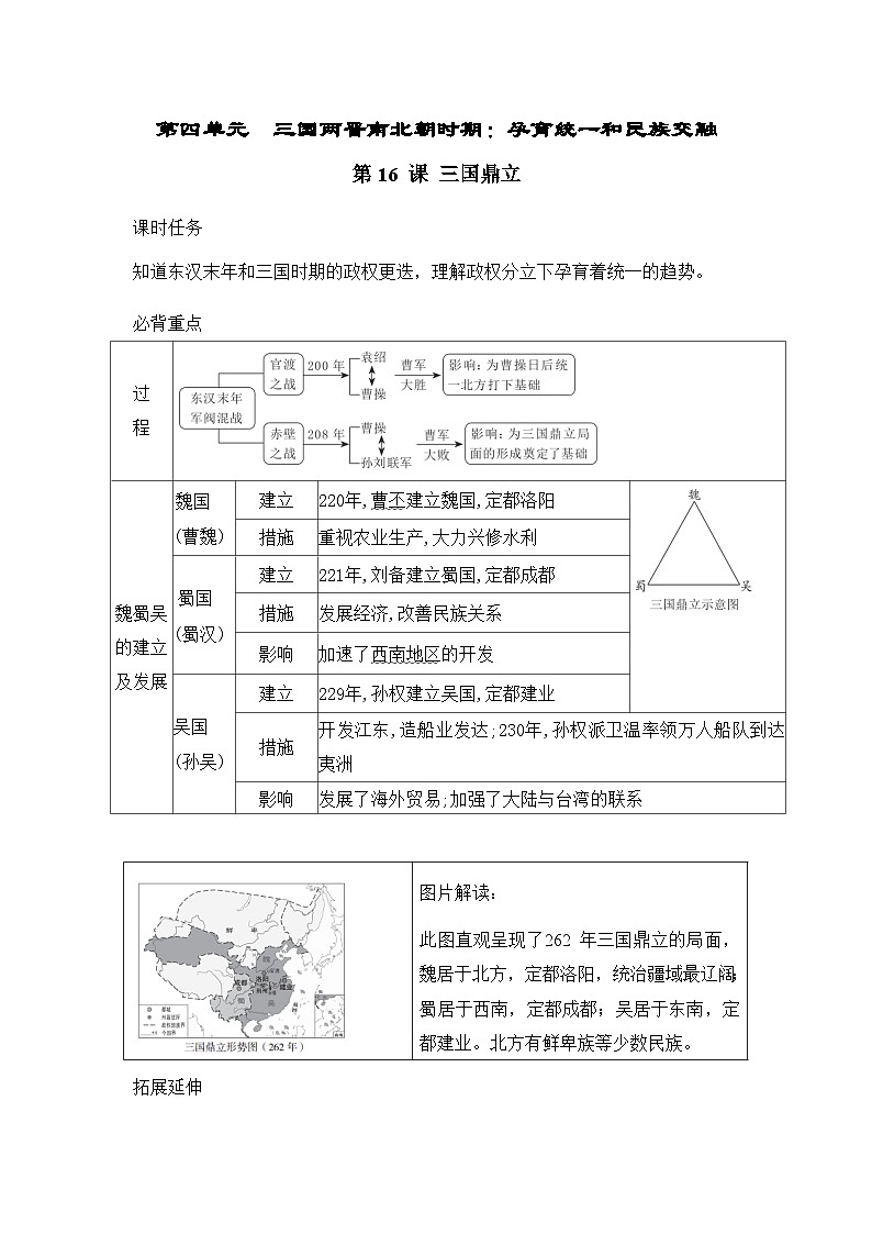 人教版（2024）初中历史7上 第16课   三国鼎立 知识要点练习(含答案）01