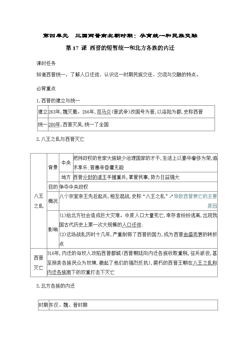 人教版（2024）初中历史7上 第17课   西晋的短暂统一和北方各族的内迁 知识要点练习(含答案）01