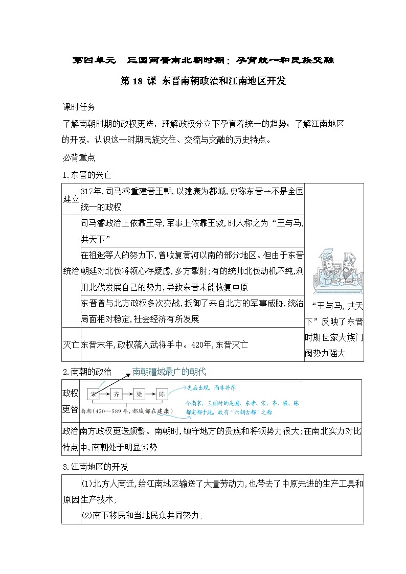 人教版（2024）初中历史7上 第18课   东晋南朝政治和江南地区开发 知识要点练习(含答案）01