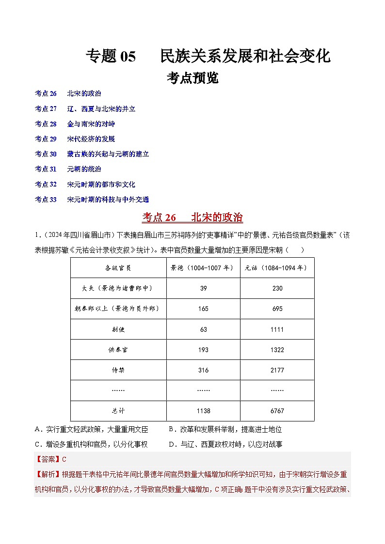 初中历史中考真题汇编专题05 辽宋夏金元时期：民族关系发展和社会变化·选择题（原卷+解析卷）01